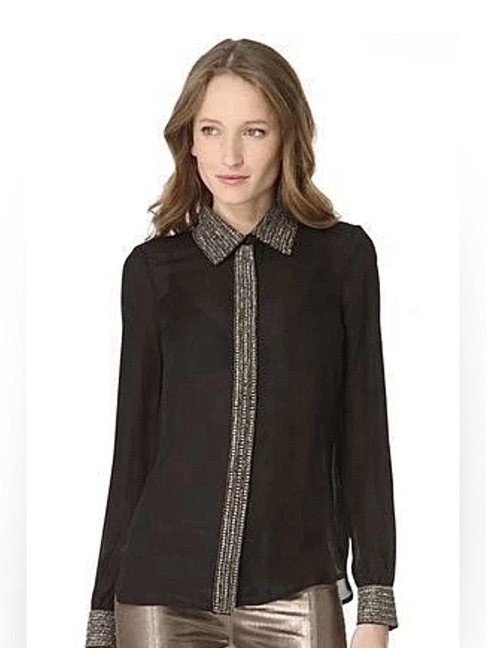 Haute Hippie Black Silk Collared Long Sleeve Embellished Beaded Blouse L
